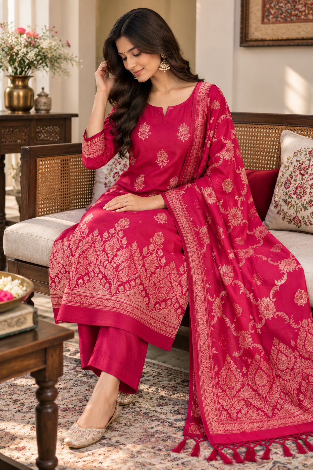 Festive Banarasi Zari Woven Unstitched Cotton Silk 3-Piece Suit Material with Dupatta
