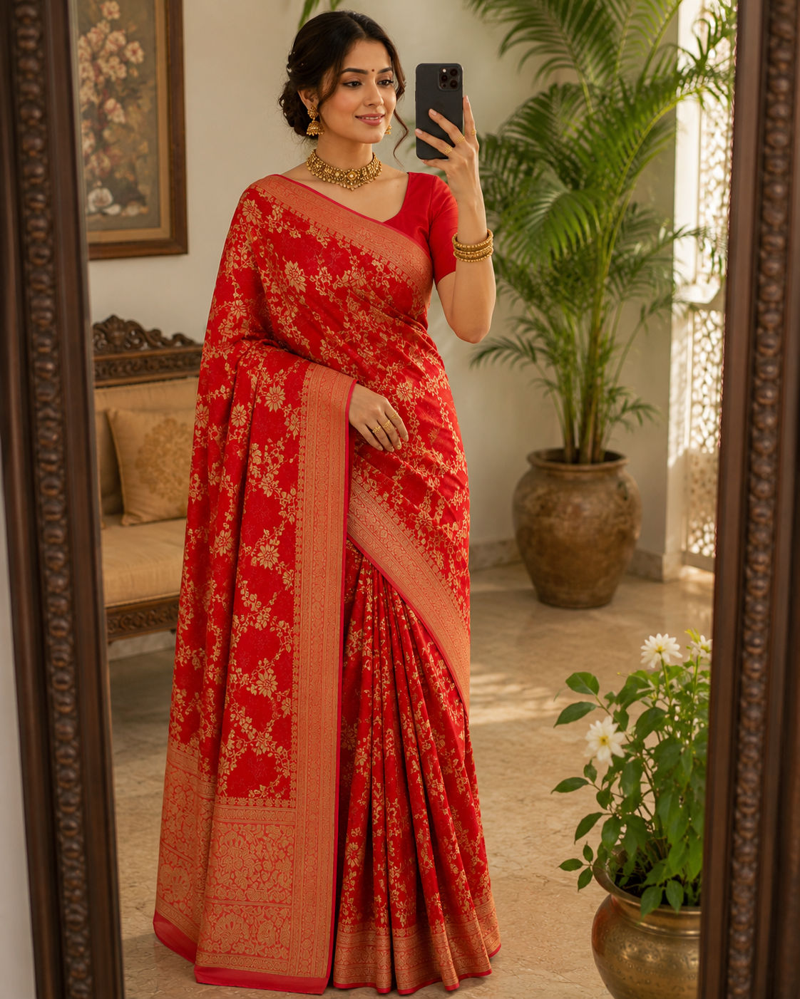 Royal Red Katan Silk Saree with Golden Floral Zari