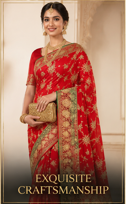 Crimson Red & Deep Forest Green Katan Satin Banarasi Saree
