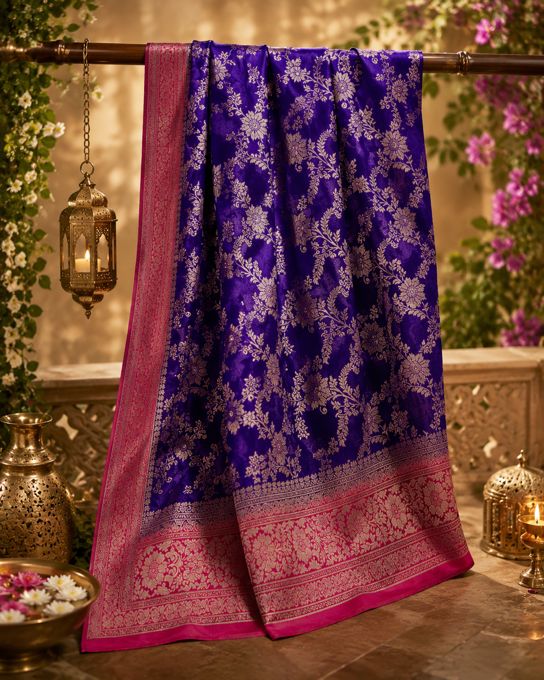 Royal Purple Katan Silk Saree with Golden Floral Zari Weave