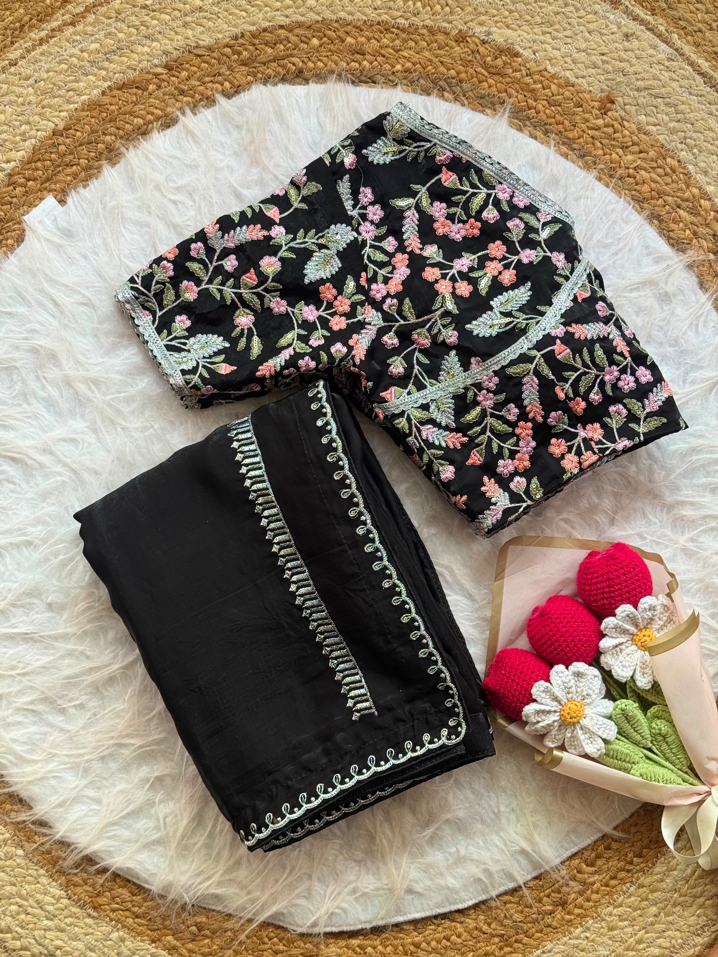 Black Space Silk Saree with Floral Stitched Designer Blouse
