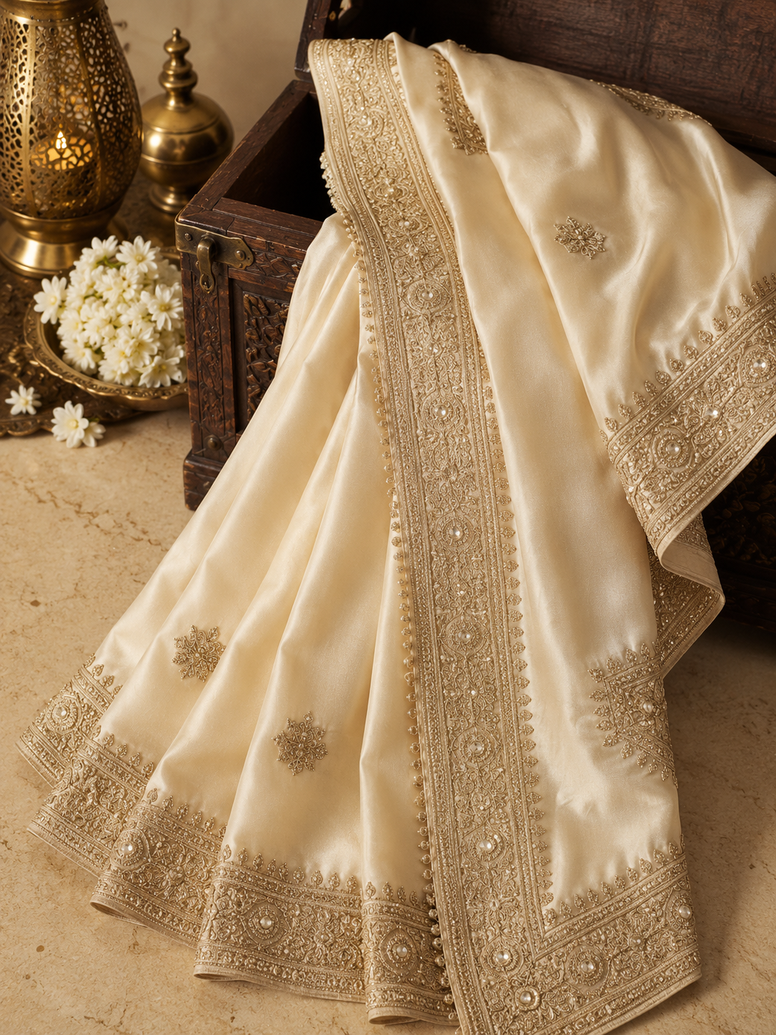 Luxurious Satin Silk Saree with Handcrafted Beads