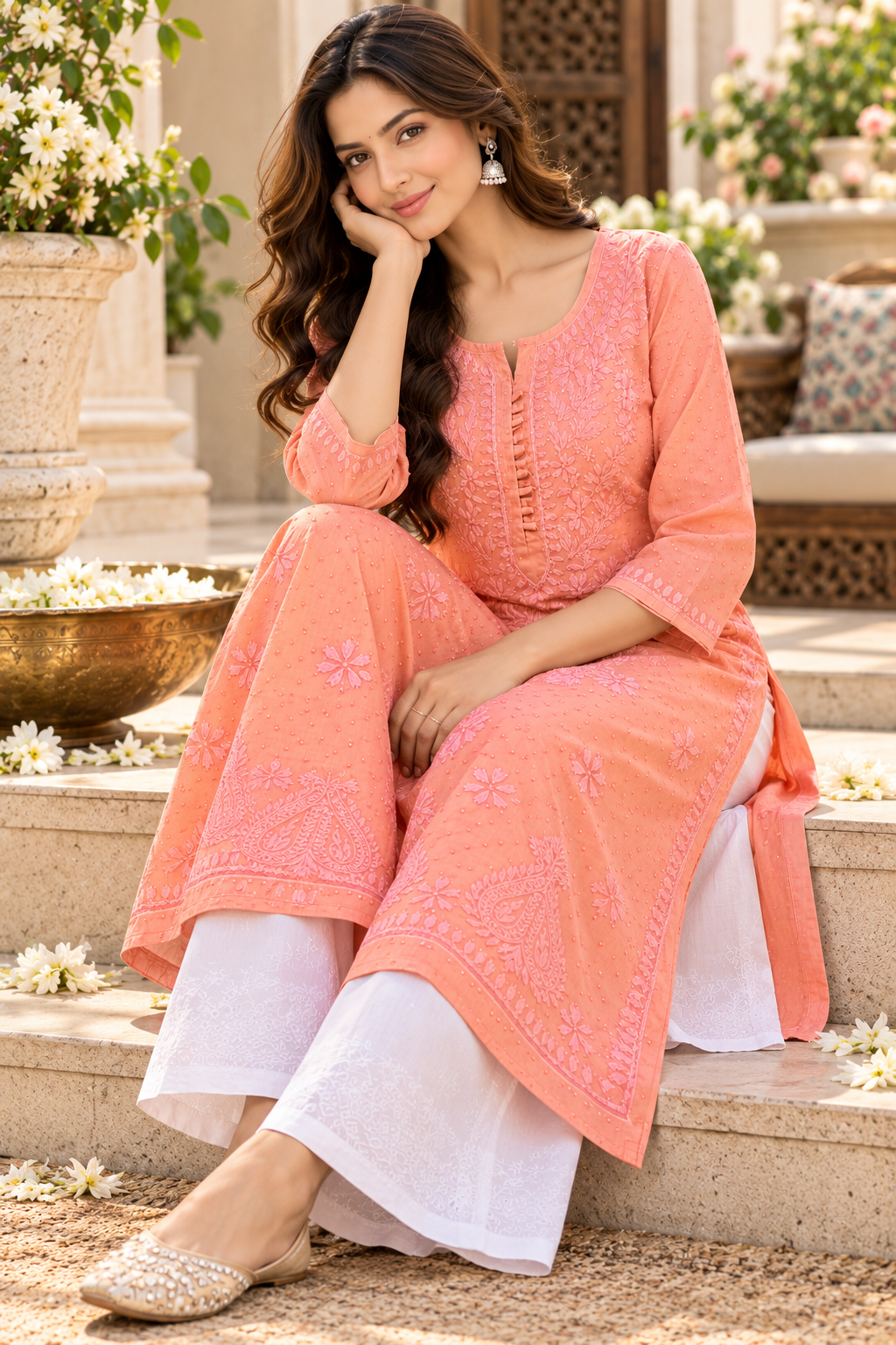 Peach Cotton Lucknowi Chikankari Straight Kurti with Button Detailing