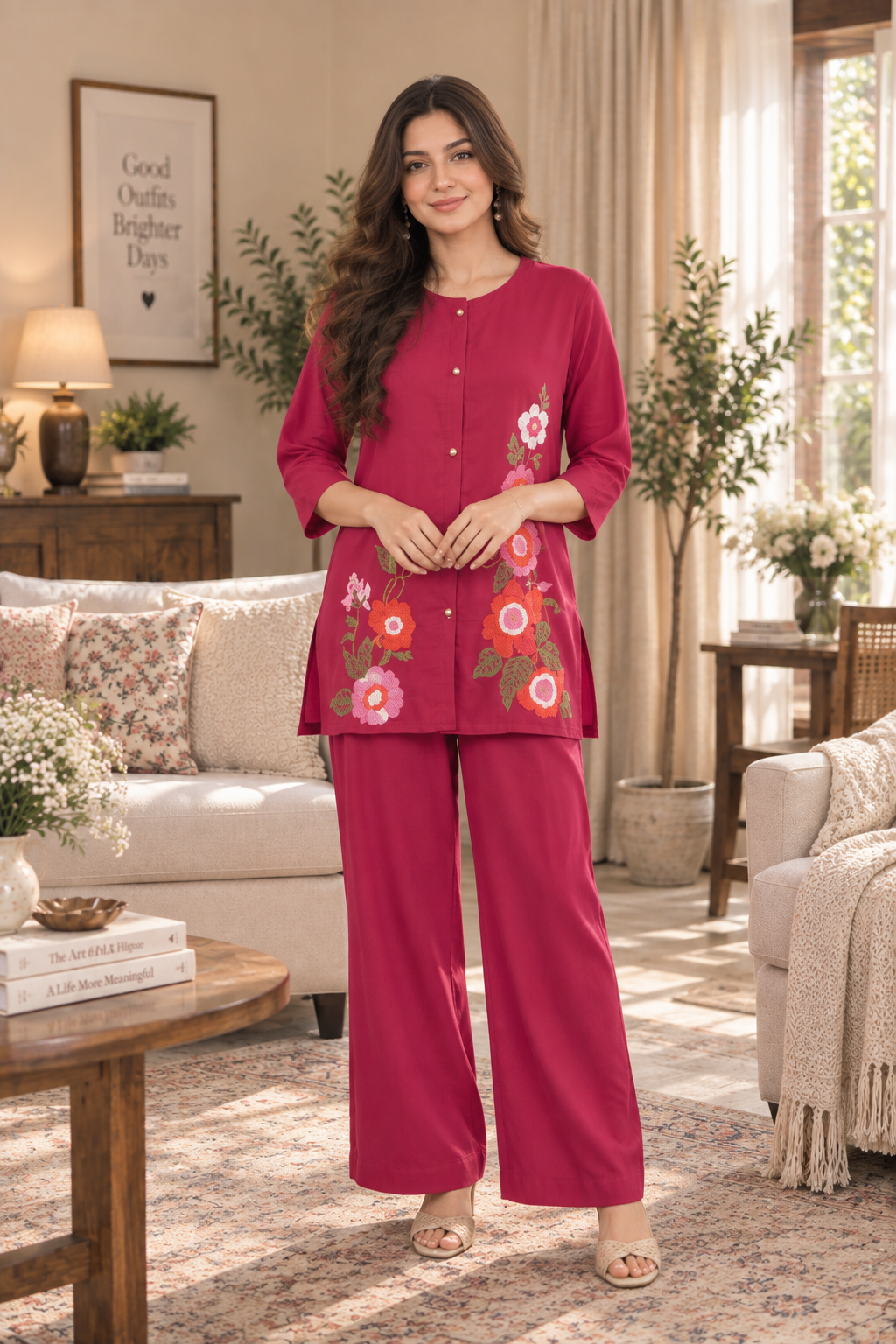 Product Name: Magenta Floral Embroidered Cotton Co-Ord Set