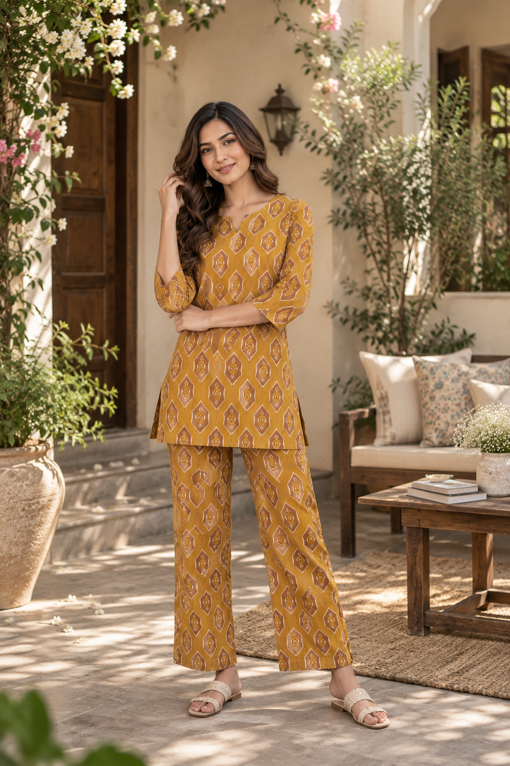 Mustard Ikat Printed Cotton Co-Ord Set