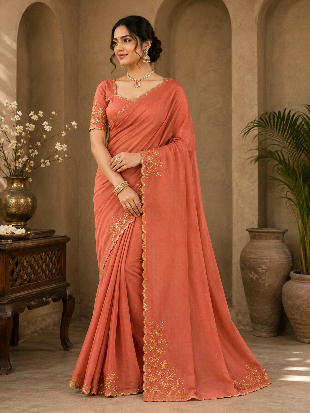 Premium Coral Chinon Crush Saree