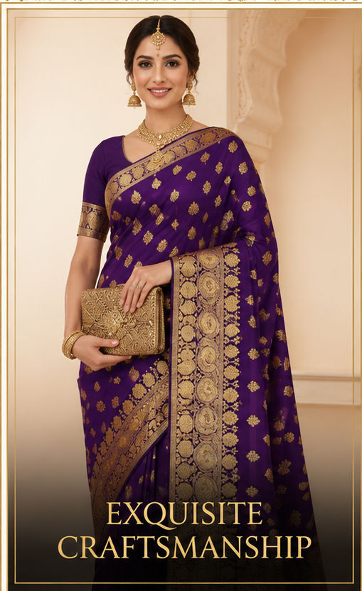 Royal Violet & Antique Gold Nylon Katan Banarasi Saree