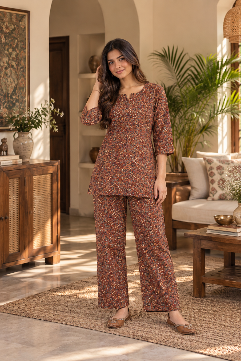 Rust Kalamkari Printed Cotton Co-Ord Set