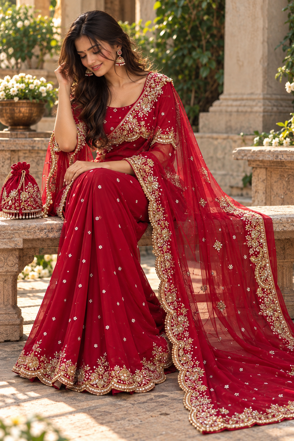 Red Rangoli Silk Sequins Saree with Net Dupatta Set