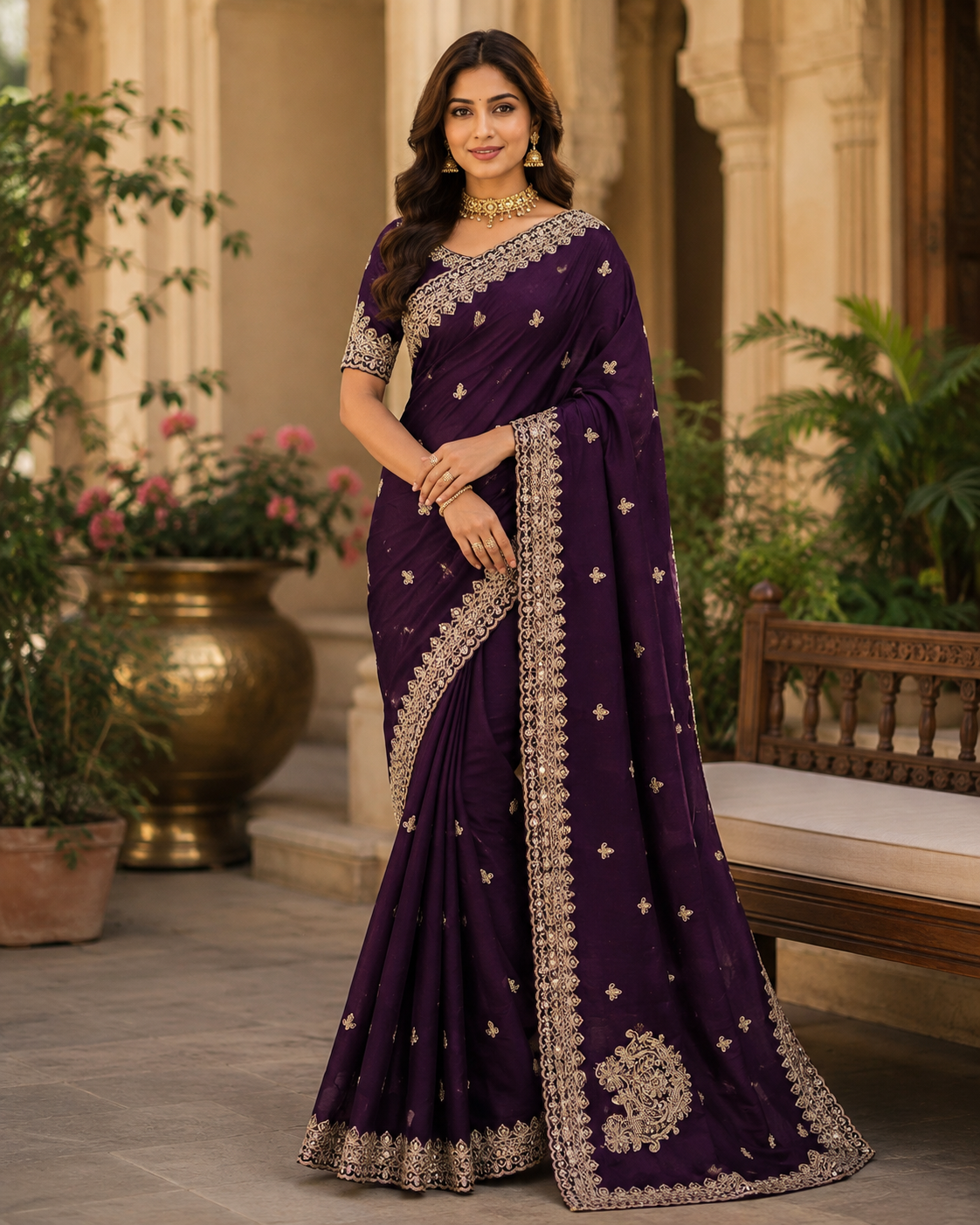 Premium Purple Rangoli Silk Saree with Sequins & Dori Embroidery