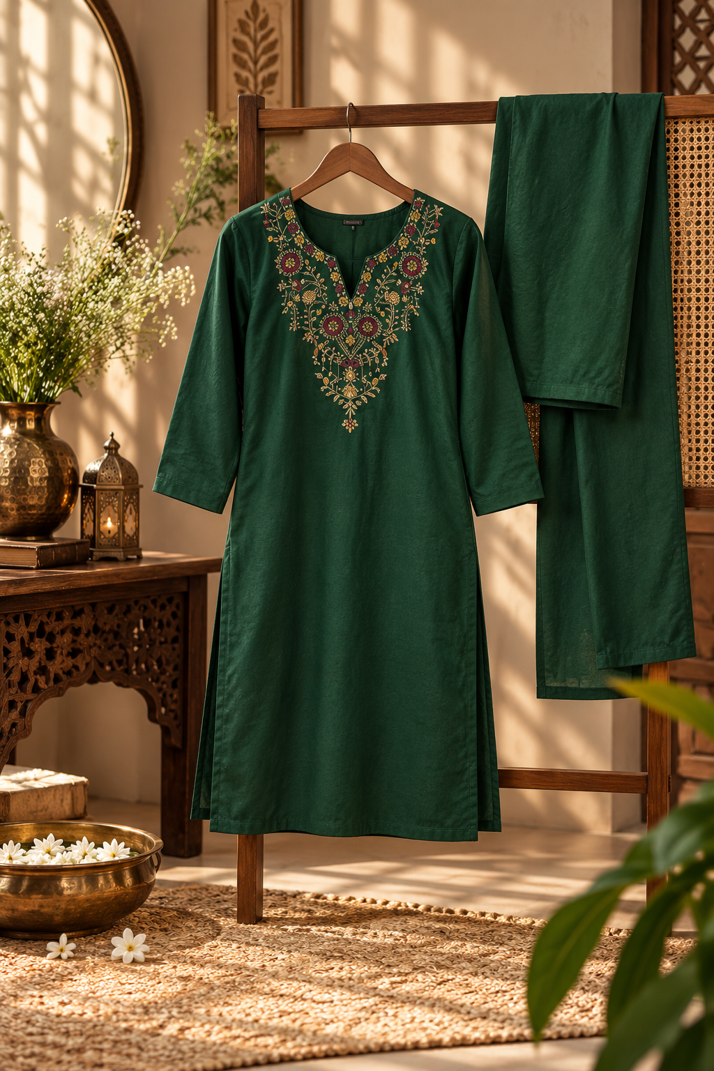 Emerald Green Embroidered Cotton Co-Ord Set